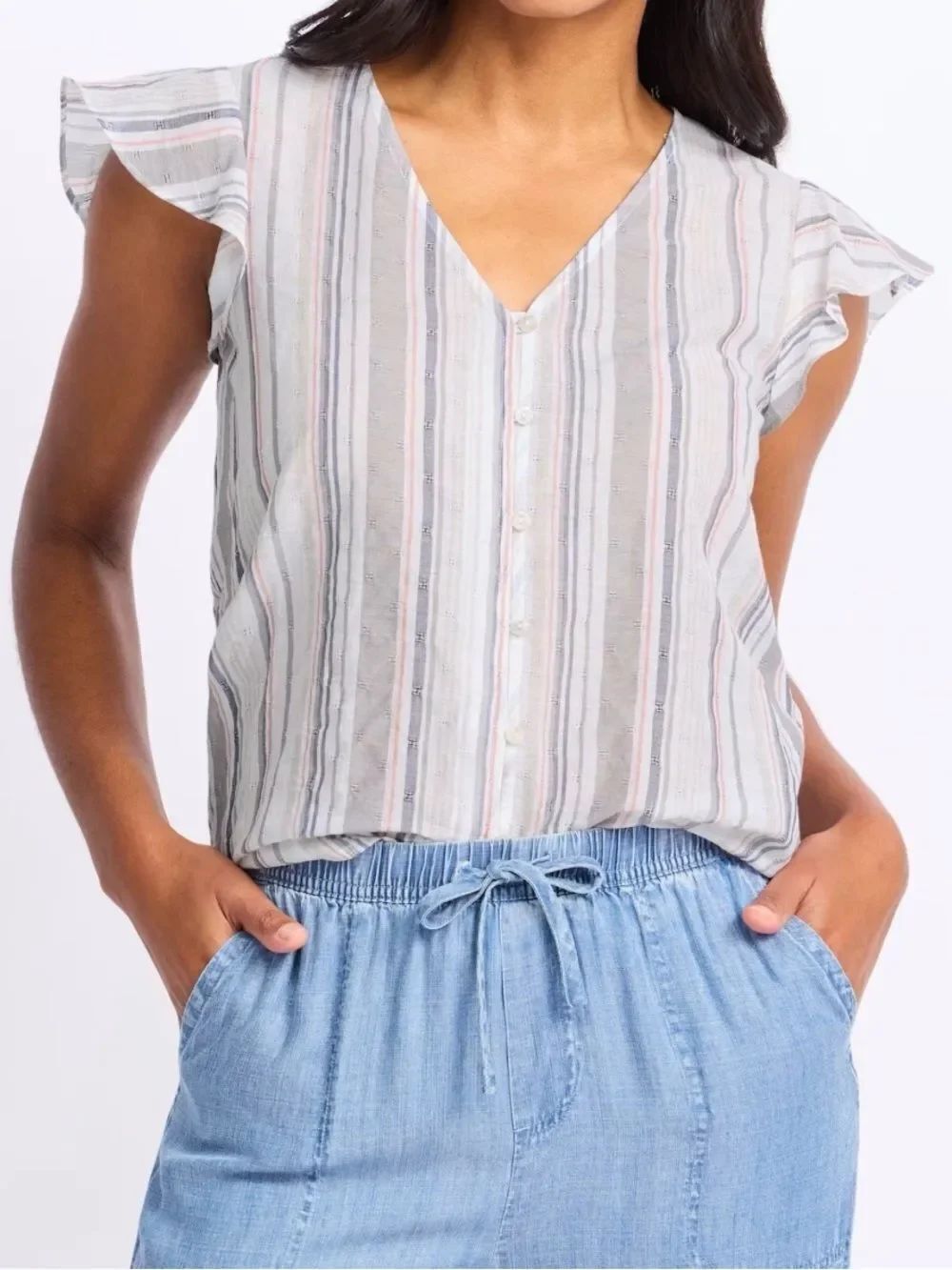 Market & Spruce NWT Stitch Fix- Light Stripe Flutter-Sleeve Button Front Top